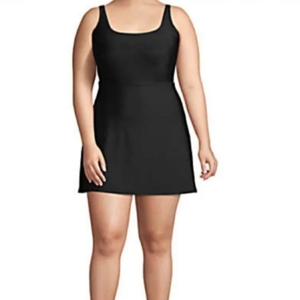 Lands End Swim Dress Bathing Suit Black Built in Shorts Size 14D